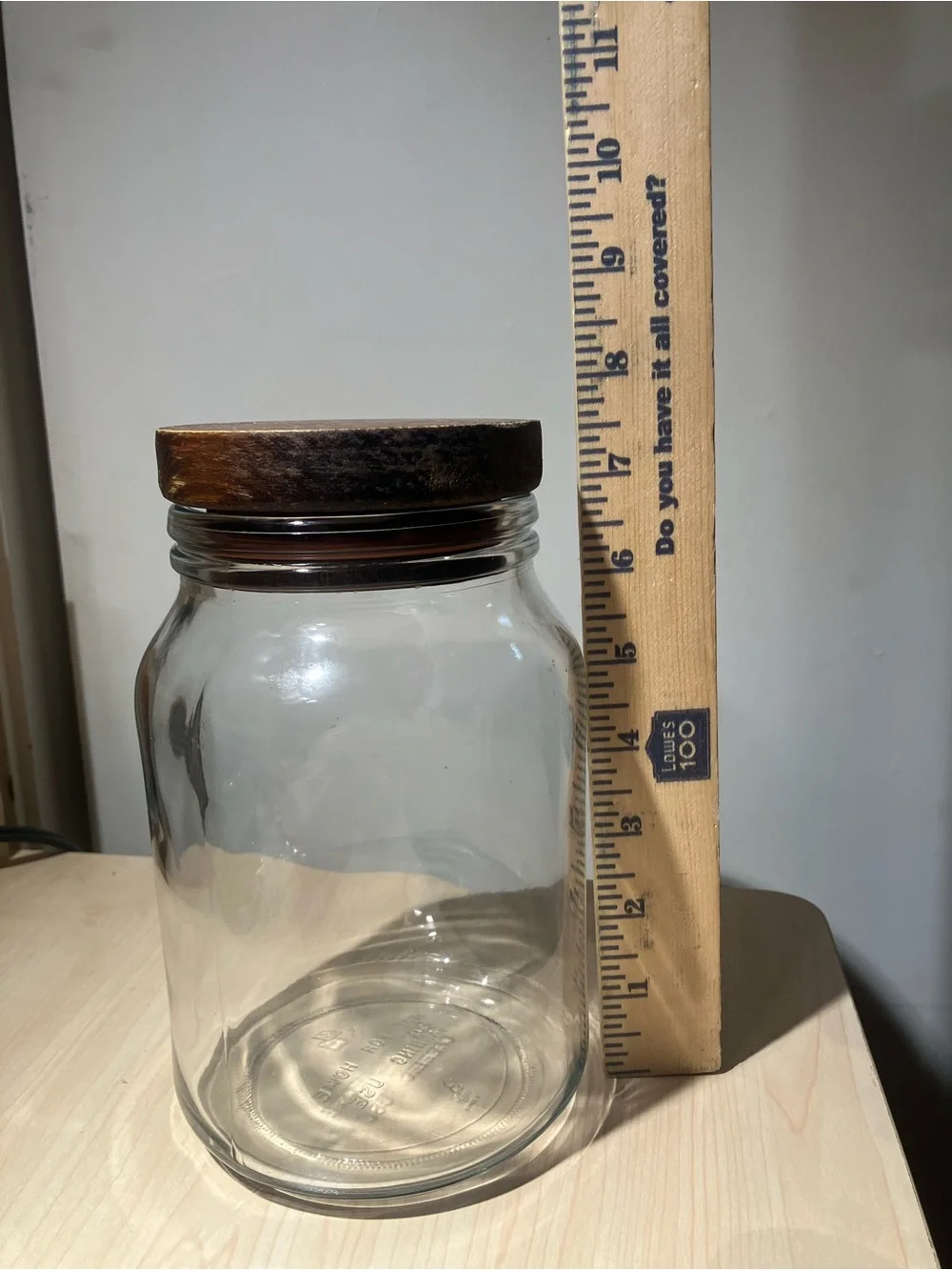 Vintage Anchor Hocking Clear Glass Kitchen Storage Jar with Dark Brown Wood Lid